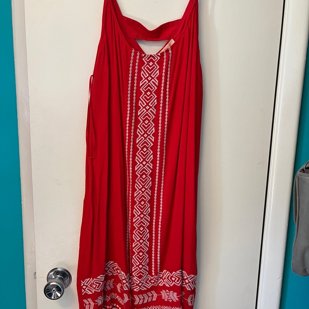 Red sundress. braided spaghetti straps. wear dressy shoes or casual sandals